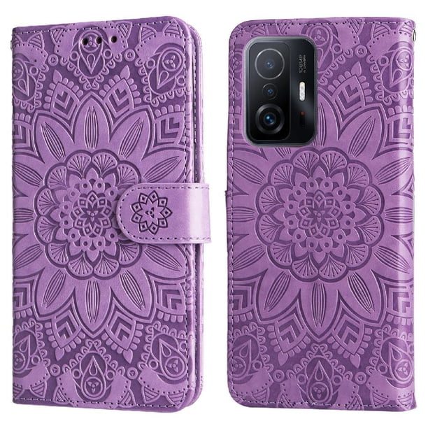 Funda tipo cartera FOXDOCK para Xiaomi 11T , diseño girasol en relieve, cuero PU, cierre magnético, soporte y tarjetero