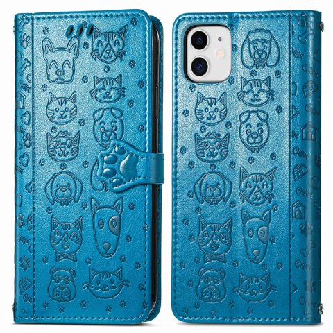 Funda Cartera Foxdock Para Iphone 11 , Flip Pu Con Relieve De Gatos Y Perros, Tarjetero Y Soporte