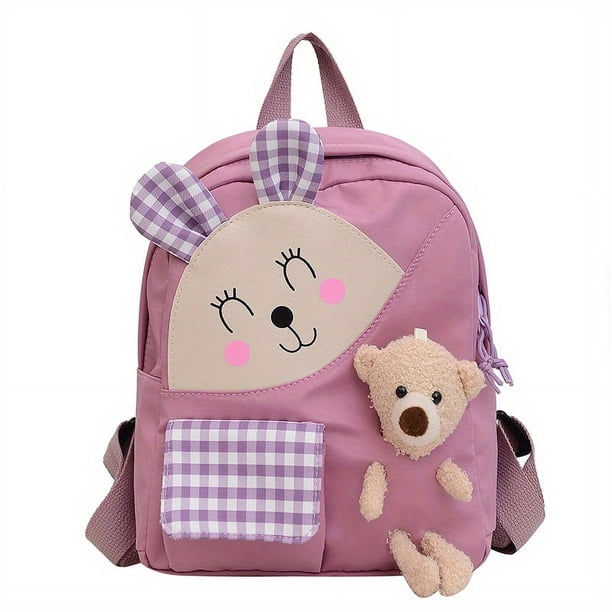 1pc Children's Cartoon Rabbit Plaid Backpack With Plush Teddy Bear, Sweet Cute Lightweight Backpack Casual Travel Backpack Kindergarten Kids School Bag