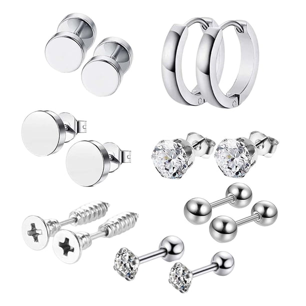Juego de aretes de aro de 14 piezas / aretes de oreja Conjunto de aretes de declaración de moda delicada para hombres / joyería piercing para cumpleañ Plata de 8 mm