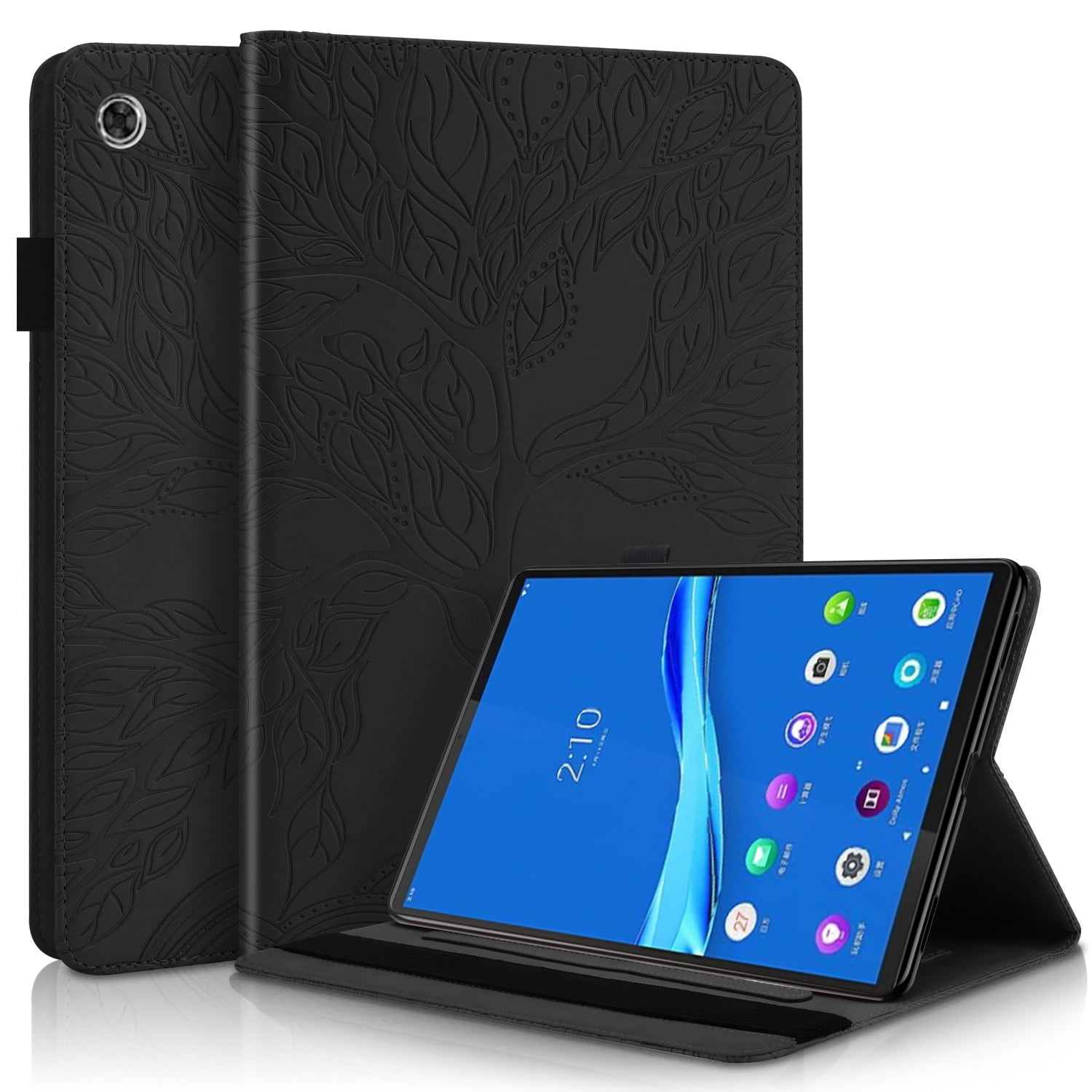 Foxdock - Funda Con Relieve Del Árbol De La Vida Para Tablet Lenovo Tab M10 Plus Con Soporte, Ranuras Para Tarjetas Y Soporte Para Lápiz Óptico. Negro