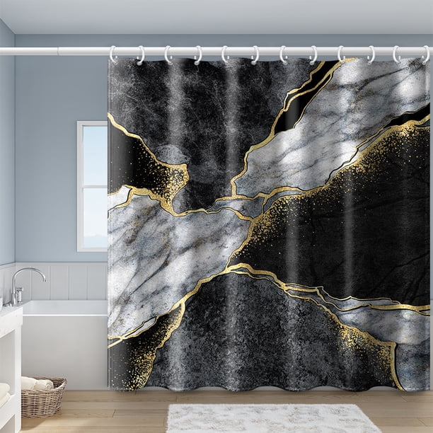 1pc Luxury Gray Golden Marble Shower Curtain Set - Waterproof, Washable, and Standard Size for Bathtub - Includes 12 Plastic Hooks