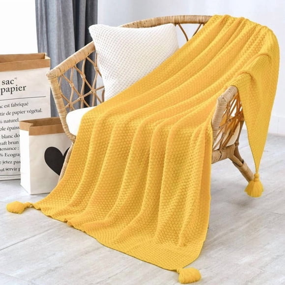 Manta Nordica Con Borlas Tejida Frazada Decorativa 127x172cm Amarillo