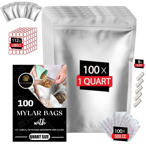 Bolsas Mylar ROYLO GLOBE de un cuarto de galón con absorbentes de oxígeno de 500 ml, 100 unidades