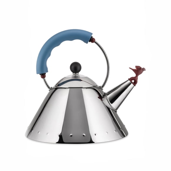 Hervidor de agua Alessi 9093, diseño con asa y silbato para pájaros, color azul