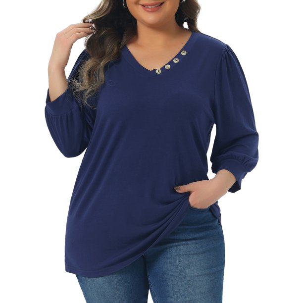 Agnes Orinda Conjuntos de Halloween Tallas Grandes para Mujeres Escuela Universidad Manga 3/4 Cuello en V Decoración de Botones Camisetas Casual Sólidas 1X Azul Marino