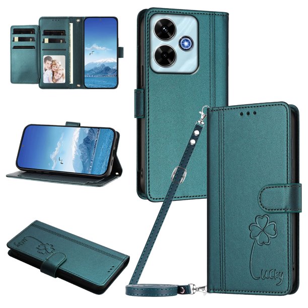 Funda Cartera Trébol para Xiaomi Poco M6 4G con Ranuras Tarjetas y Carga Inalámbrica Verde oscuro