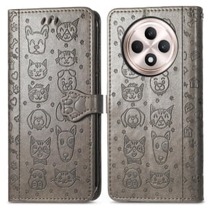 Funda Cartera Foxdock Para Oppo Reno 12F , Flip Pu Con Relieve De Gatos Y Perros, Tarjetero Y Soporte