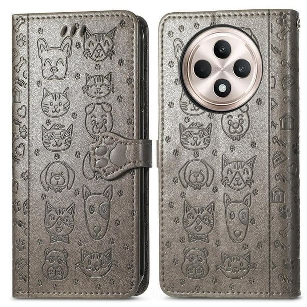 Funda Cartera FOXDOCK para OPPO Reno 12F , Flip PU con Relieve de Gatos y Perros, Tarjetero y Soporte