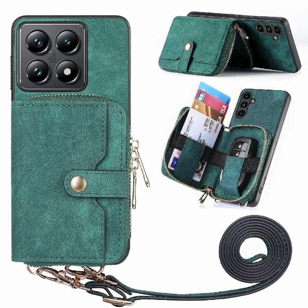 Funda Tipo Cartera con Correa Cruzada para Xiaomi 14T Protección Contra Golpes Verde