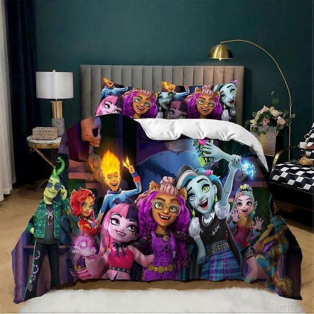 Juego de funda nórdica Teen Monster High de 3 piezas, juego de ropa de cama de dibujos animados, funda de edredón ligera de tamaño completo para niña