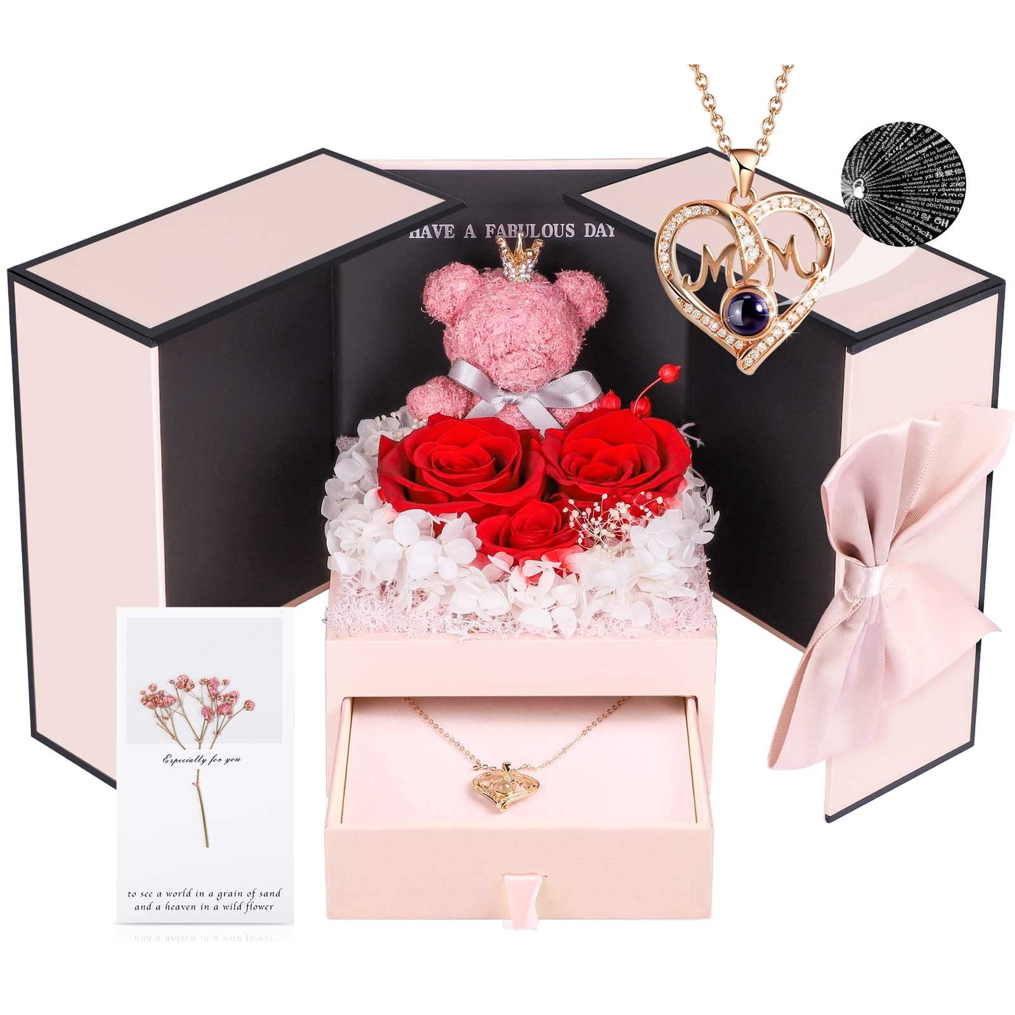 Set De Regalo Addwel, Rosa Roja Auténtica Preservada Con Oso Y Collar