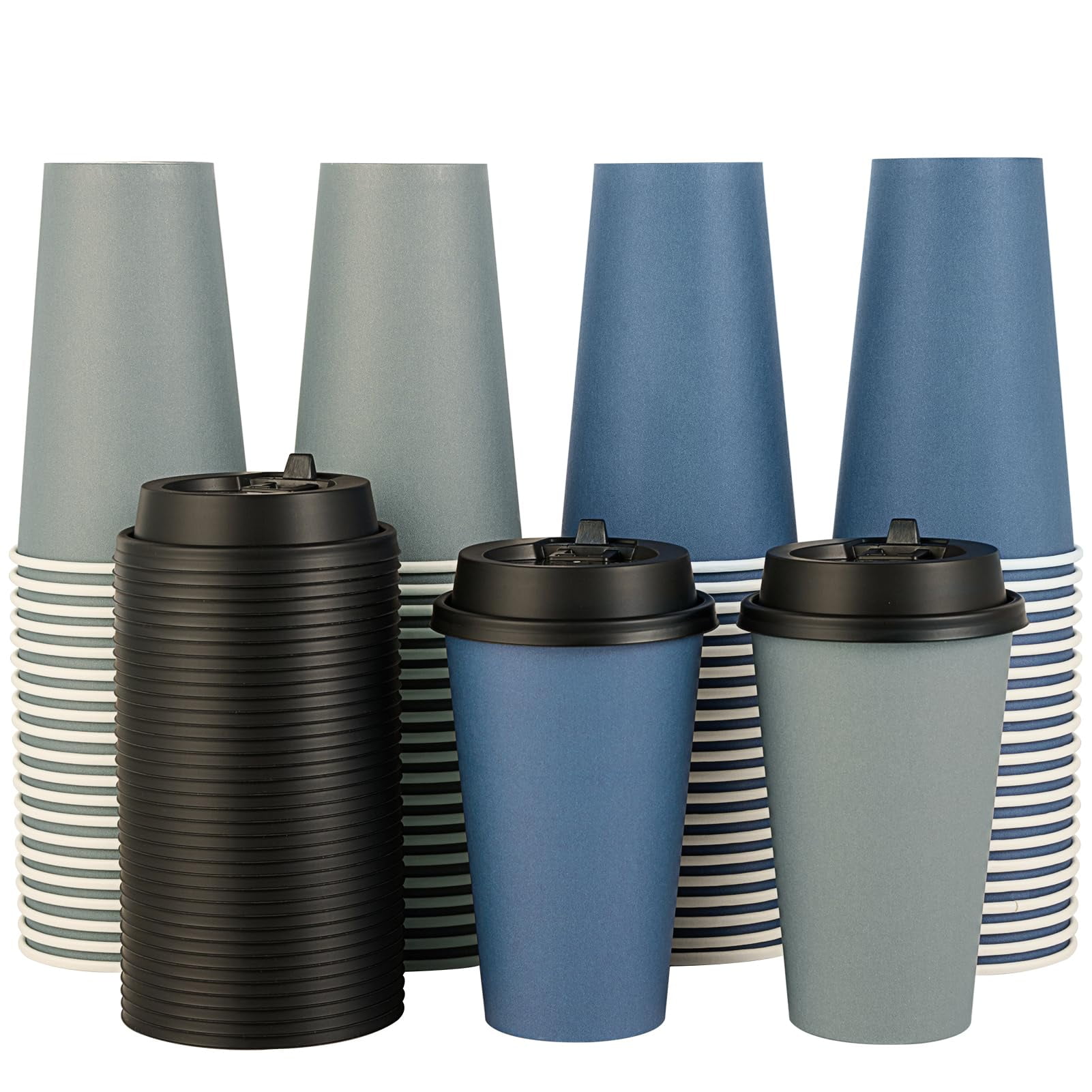Tazas De Café Litopak De Papel De 16 Onzas, Paquete De 100 Con Tapas, Azul/gris