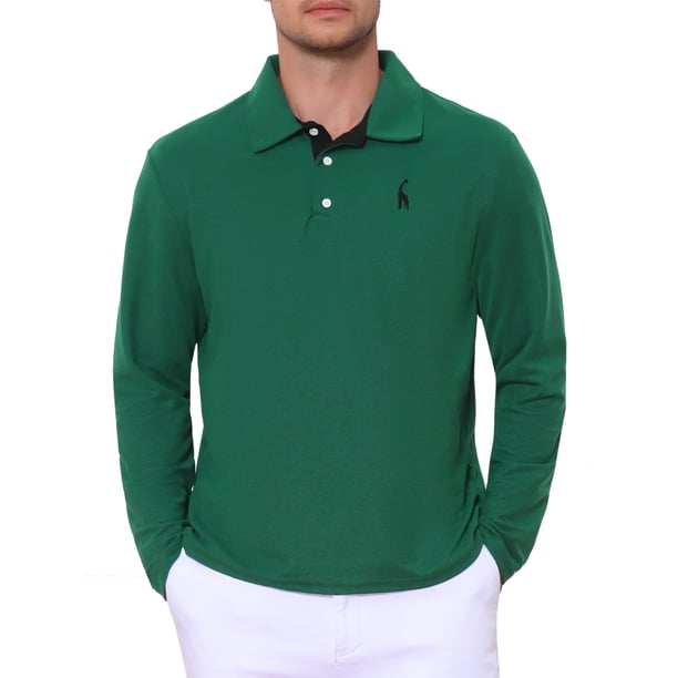 INSPIRE CHIC Camisa Polo de Hombre con Patrón Piqué de Manga Larga en Contraste de Color para Golf M Verde