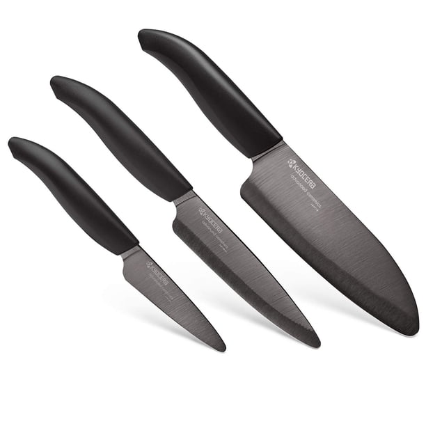 Juego de cuchillos de cerámica KYOCERA 3 piezas Santoku, utilitario y de pelar – negro
