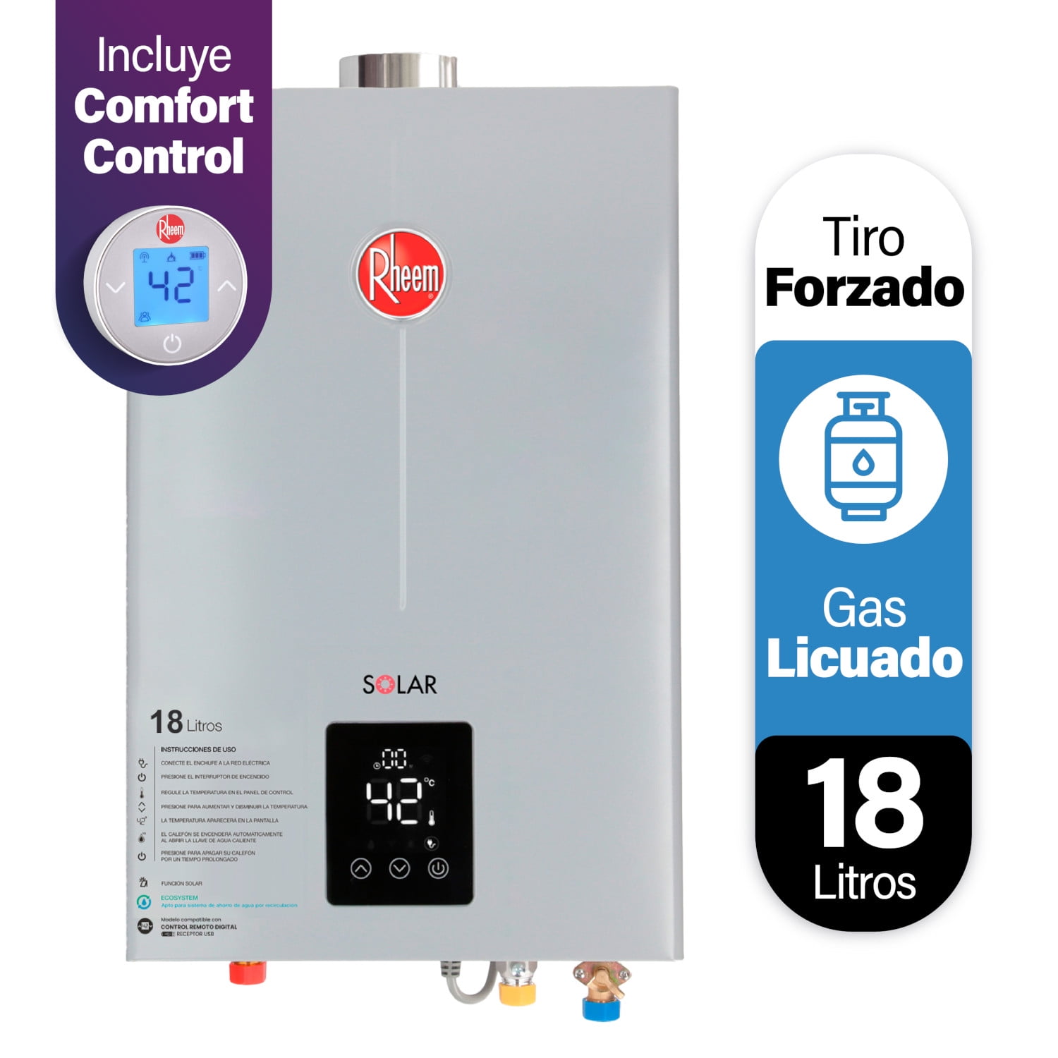 Calefont 18 L Gas Licuado T. Forzado Con Control Digital Rheem