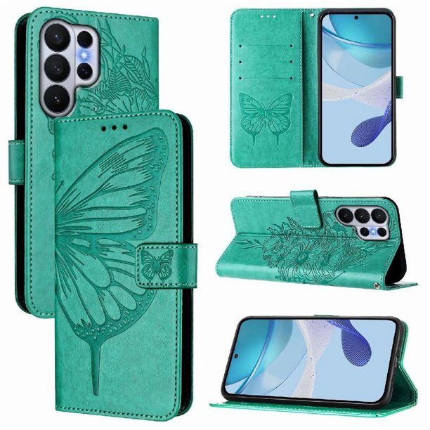 Funda Cartera Mariposa Para Samsung Galaxy S26 Ultra Con Soporte Y Ranuras Para Tarjetas Verde