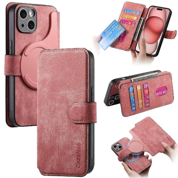 Funda Billetera Magnética para iPhone 15 Soporte Tarjetas Desmontable Rosa