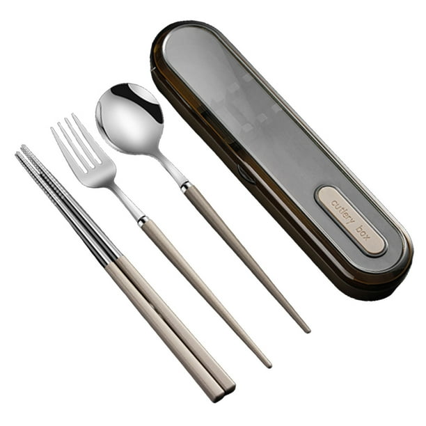 Cubiertos de viaje reutilizables de acero inoxidable, juego de utensilios con estuche, lonchera portátil para acampar y la oficina.