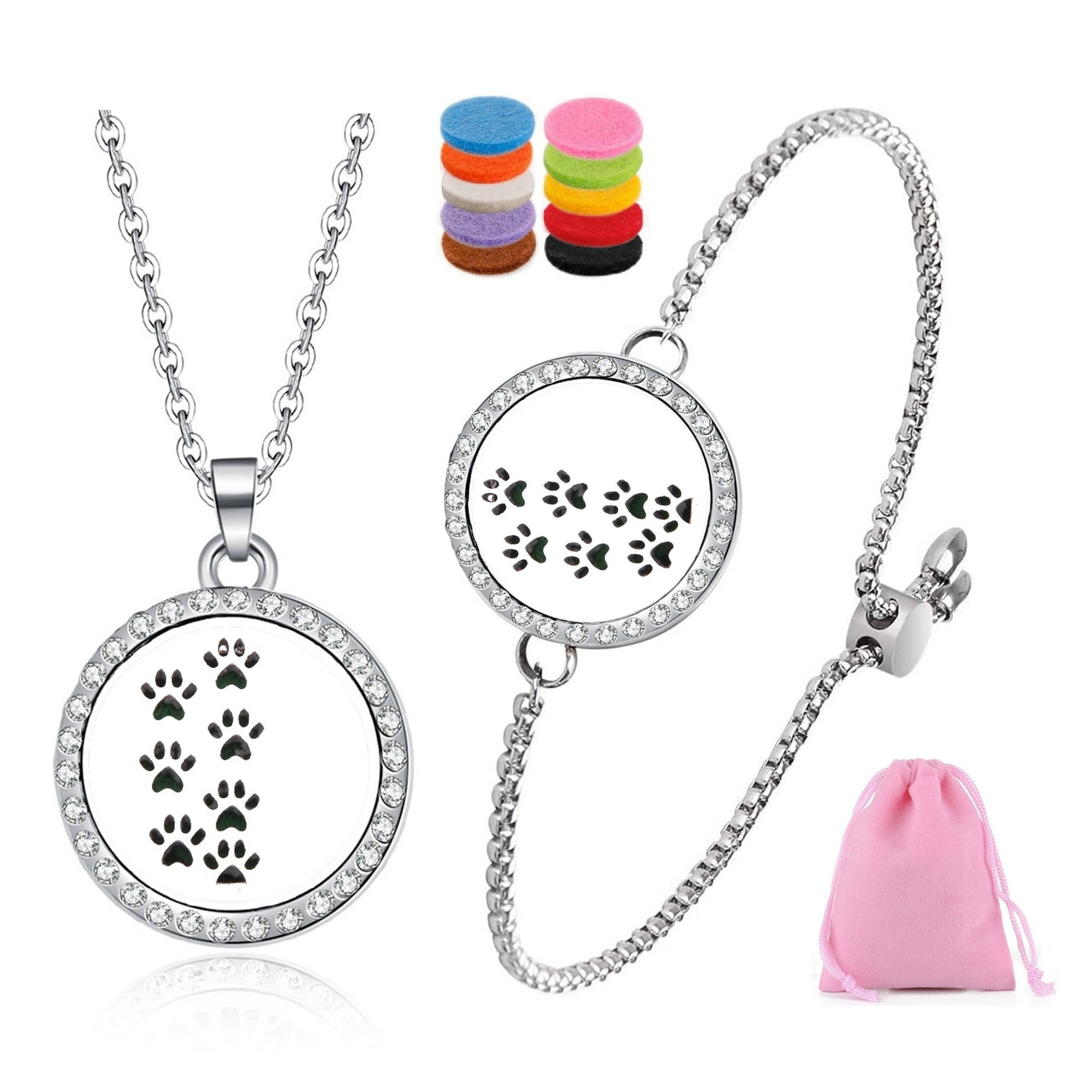 Set Collar Y Pulsera Heshpaws Locket Acero Inoxidable Ajustable Con 33 Almohadillas Reutilizables Para Aceites Esenciales