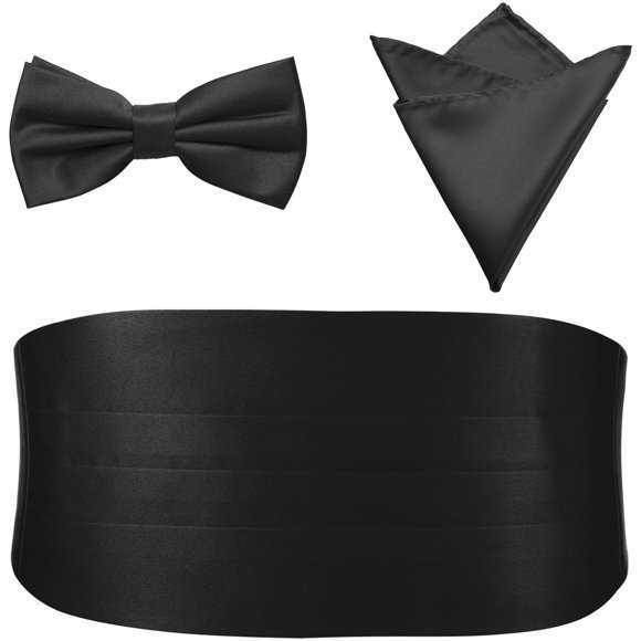Set de pajarita PenSee negro con pañuelo de bolsillo mediano y fajín
