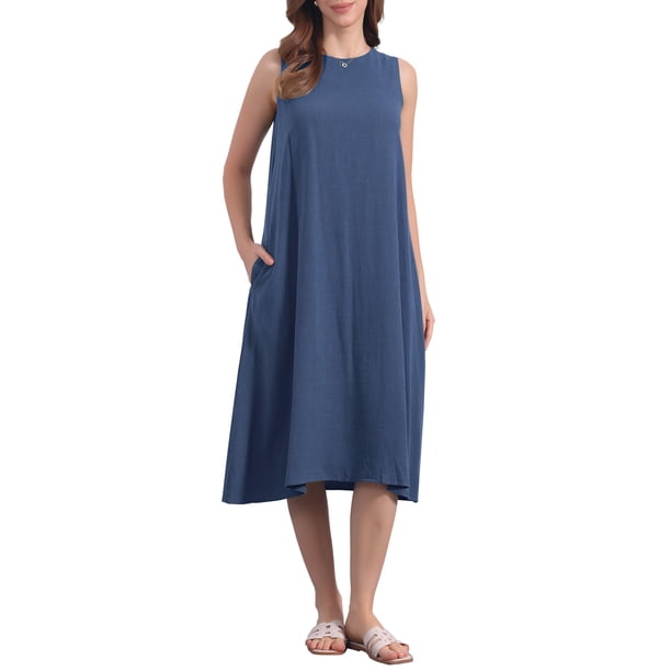 INSPIRE CHIC Vestidos de Lino para Mujer Regreso a Clases Cuello Redondo Ajuste Suelto Vestido Sin Mangas Casual con Bolsillos S Azul Marino
