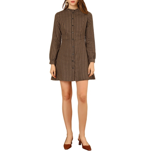 INSPIRE CHIC Vestido de Mujer para Regreso a Clases con Estampado de Cuadros Vichy, Cuello Simulado con Volantes, Botones Abajo, Mangas Largas, Talla XL, Marrón