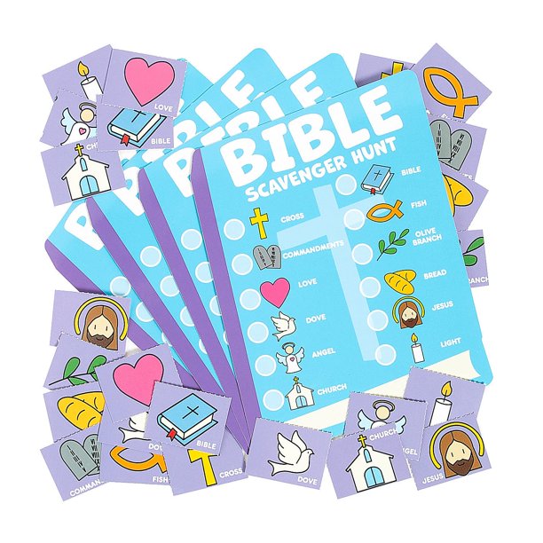 Biblia Fun Express del juego Scavenger Hunt con 3 tarjetas de iconos y 12 tableros de juego