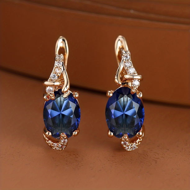 18K Gold Plated Blue Sapphire Stud Earrings - Trendy Women's Anniversary Jewelry with Oval Cut White Blue Red Pink Stones