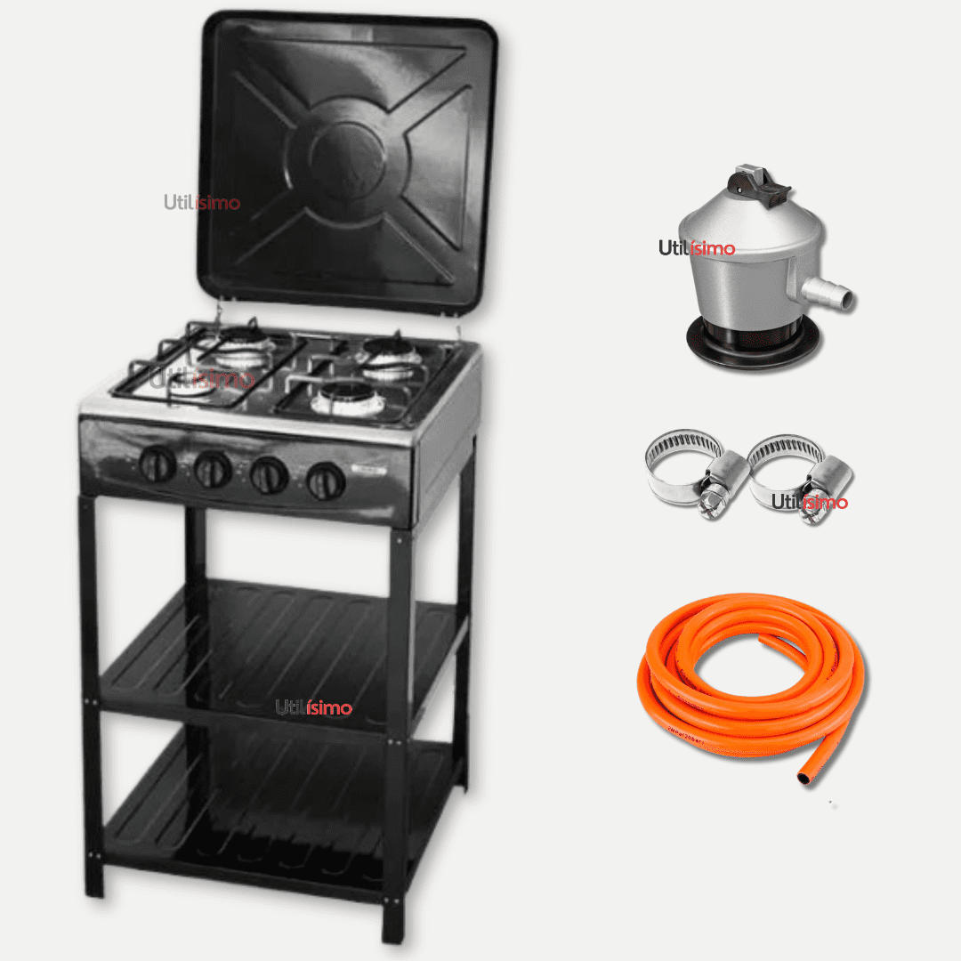 Line - Cocina Encimera A Gas Licuado 4 Platos Con Mesa Negro + Kit De Instalación