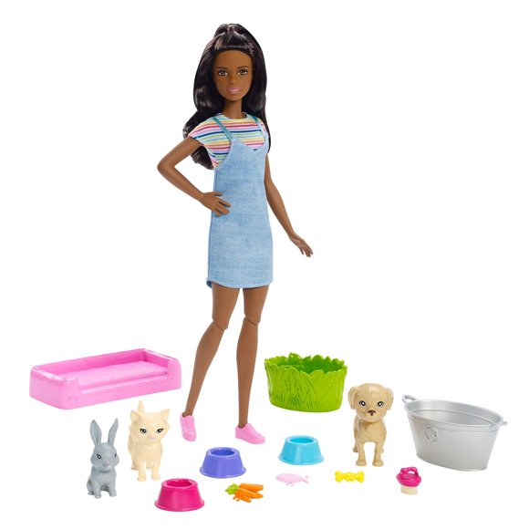 Set de juego Barbie Play 'n' Wash Pets con muñeca morena y 3 mascotas
