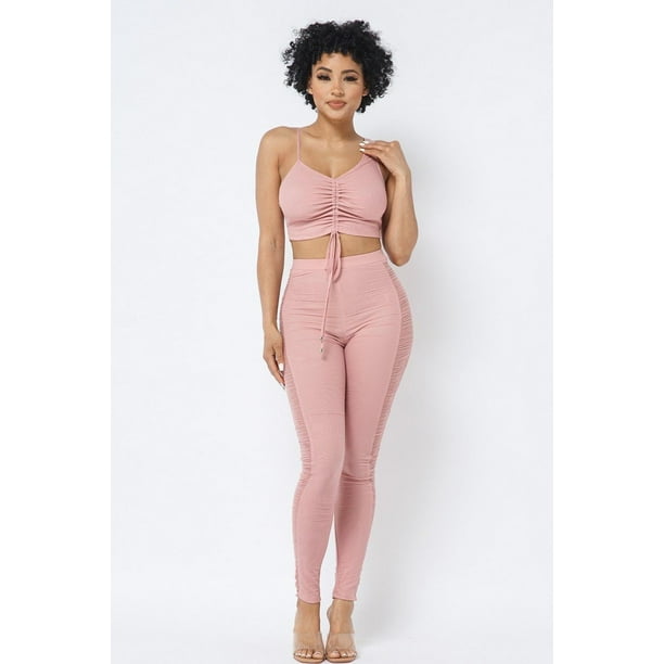 Top Corto Fruncido Ajustable con Tiras de Malla y Leggings con Paneles Laterales Transparentes a Juego L