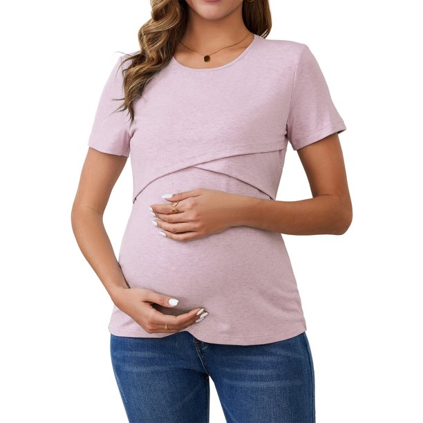 INSPIRE CHIC Camisetas de lactancia de manga corta de punto acanalado para mujer, top de lactancia cruzado para maternidad, pequeño, rosa gris