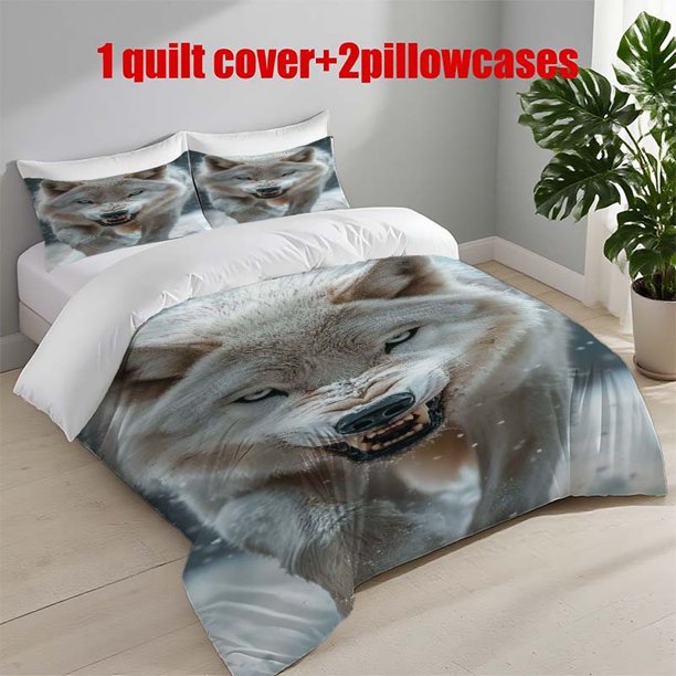 3pcs White Wolf Showing Teeth in the Snow to Intimidate Themed Printed Bedding Set Duvet Cover and Pillowcases