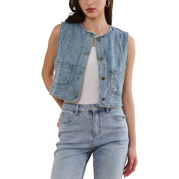 INSPIRE CHIC Chaleco de Mezclilla para Mujer sin Mangas Cuello Redondo con Botones Chaleco de Jean Occidental L Azul Retro