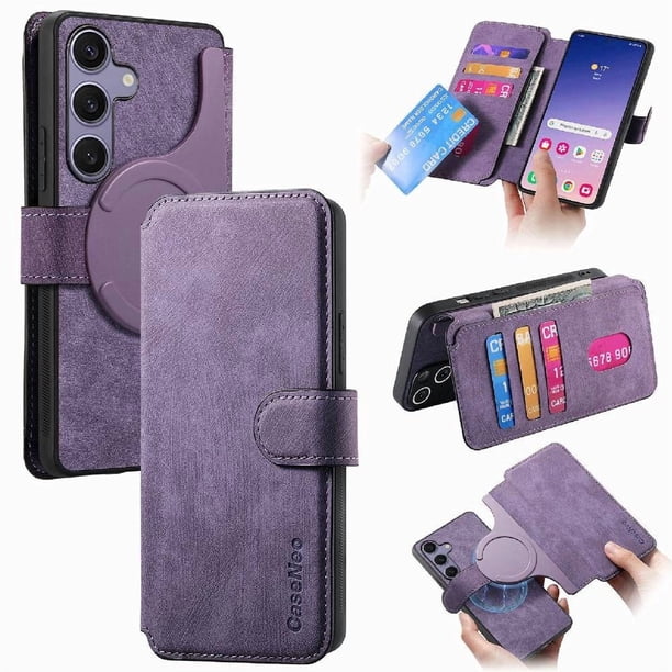 Funda Billetera Magnética para Samsung Galaxy S25 Plus Soporte Tarjetas Desmontable Morado