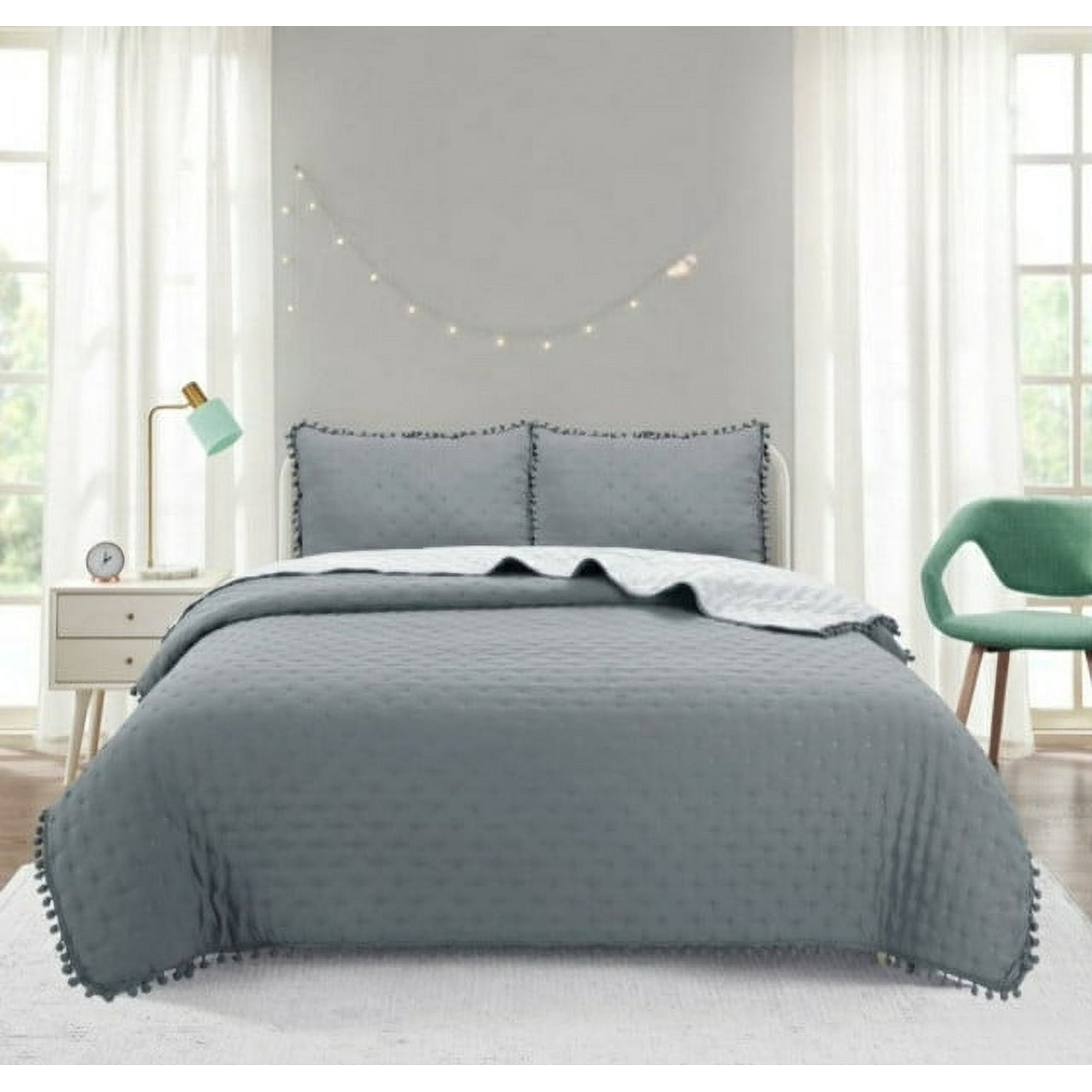 Top Lucky - Cubrecama De Algodon 2 Plazas Pompon Gris