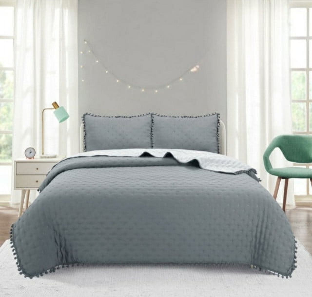 Top Lucky - Cubrecama De Algodon 2 Plazas Pompon Gris