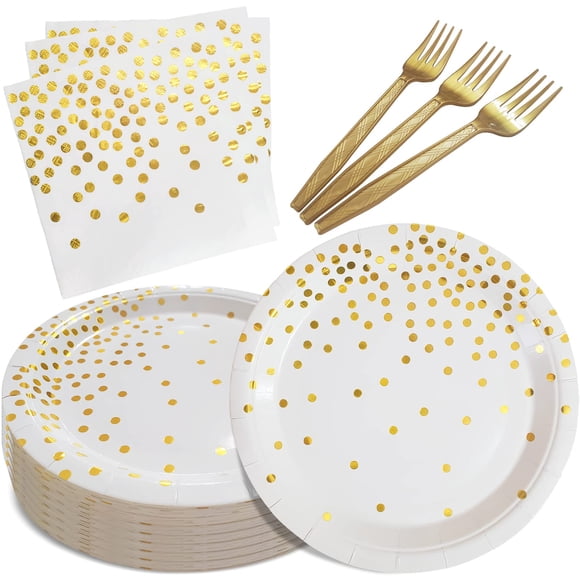 Platos y servilletas de papel blancos y dorados para Party Supplies WXLDGHQ