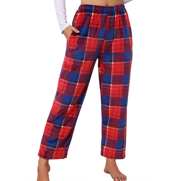 INSPIRE CHIC Pantalones de pijama de forro polar mullido para mujer, pantalones de descanso a cuadros con bolsillos, cintura elástica suave y cálida, talla S, a cuadros