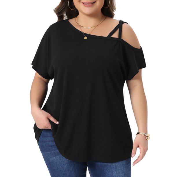 Agnes Orinda Camiseta de Mujer Talla Grande para Escuela o Universidad Cuello Barco Cruzado Descubierto en un Hombro Manga Corta Camisetas Verano Casual Tejido Blusas 2X Negro