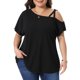 thumbnail image 1 of Agnes Orinda Camiseta de Mujer Talla Grande para Escuela o Universidad Cuello Barco Cruzado Descubierto en un Hombro Manga Corta Camisetas Verano Casual Tejido Blusas 2X Negro, 1 of 6