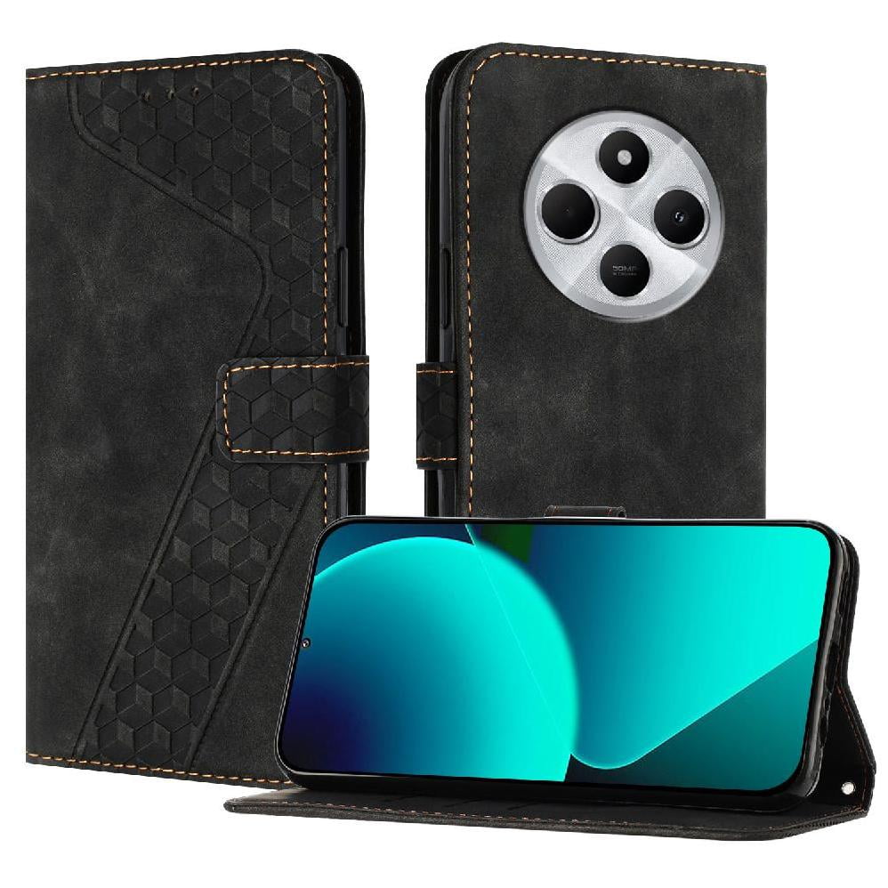 Foxdock - Funda Tipo Cartera Para Xiaomi Poco C75 Con Tarjetero, Bolsillo Para Billetes, Soporte, Cierre Magnético Y Correa Para La Muñeca, Funda Tipo Folio Con Textura Geométrica Negro