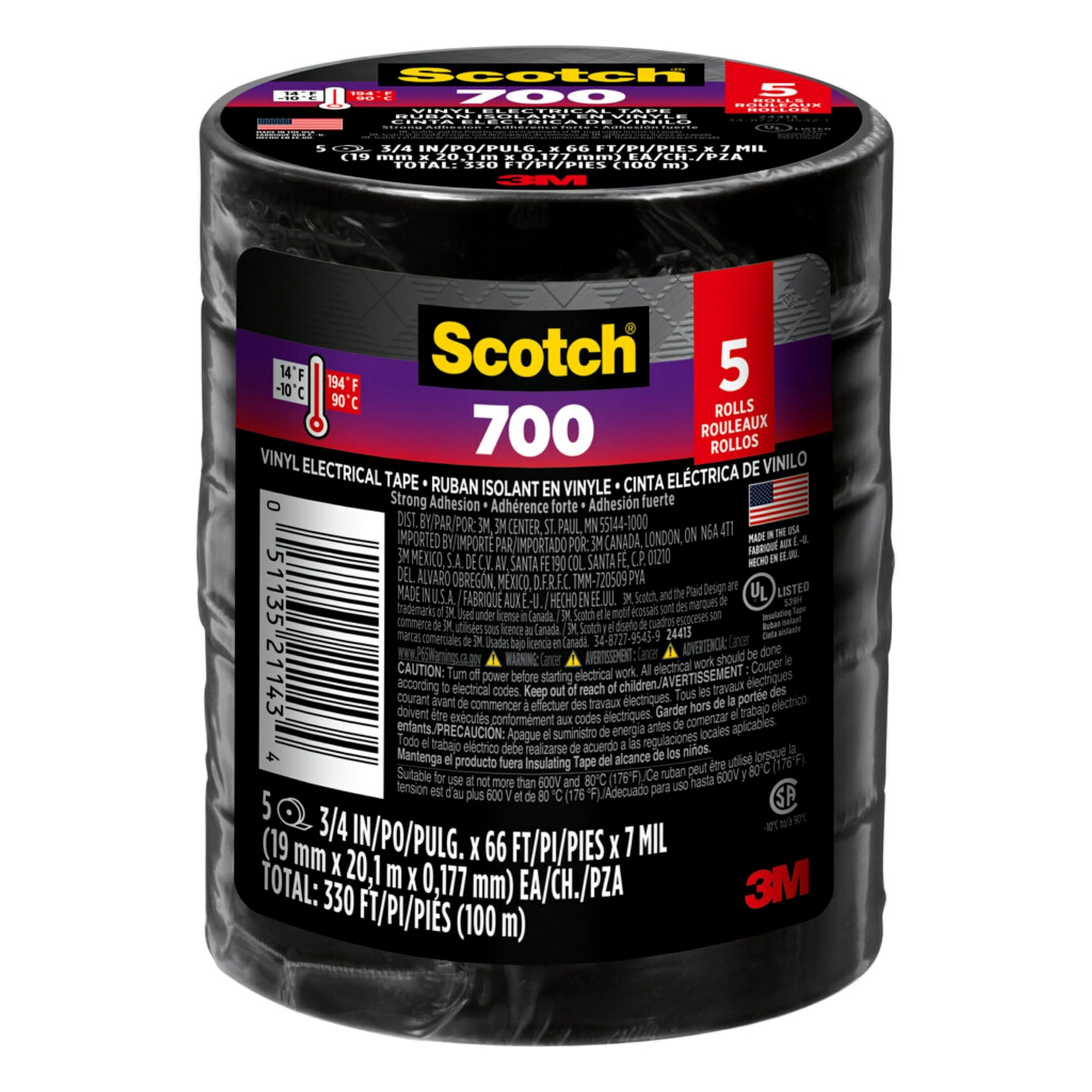 Cinta Aislante Scotch Vinyl 700, 5 Rollos, Negra, 3/4 Pulgadas X 66 Pies