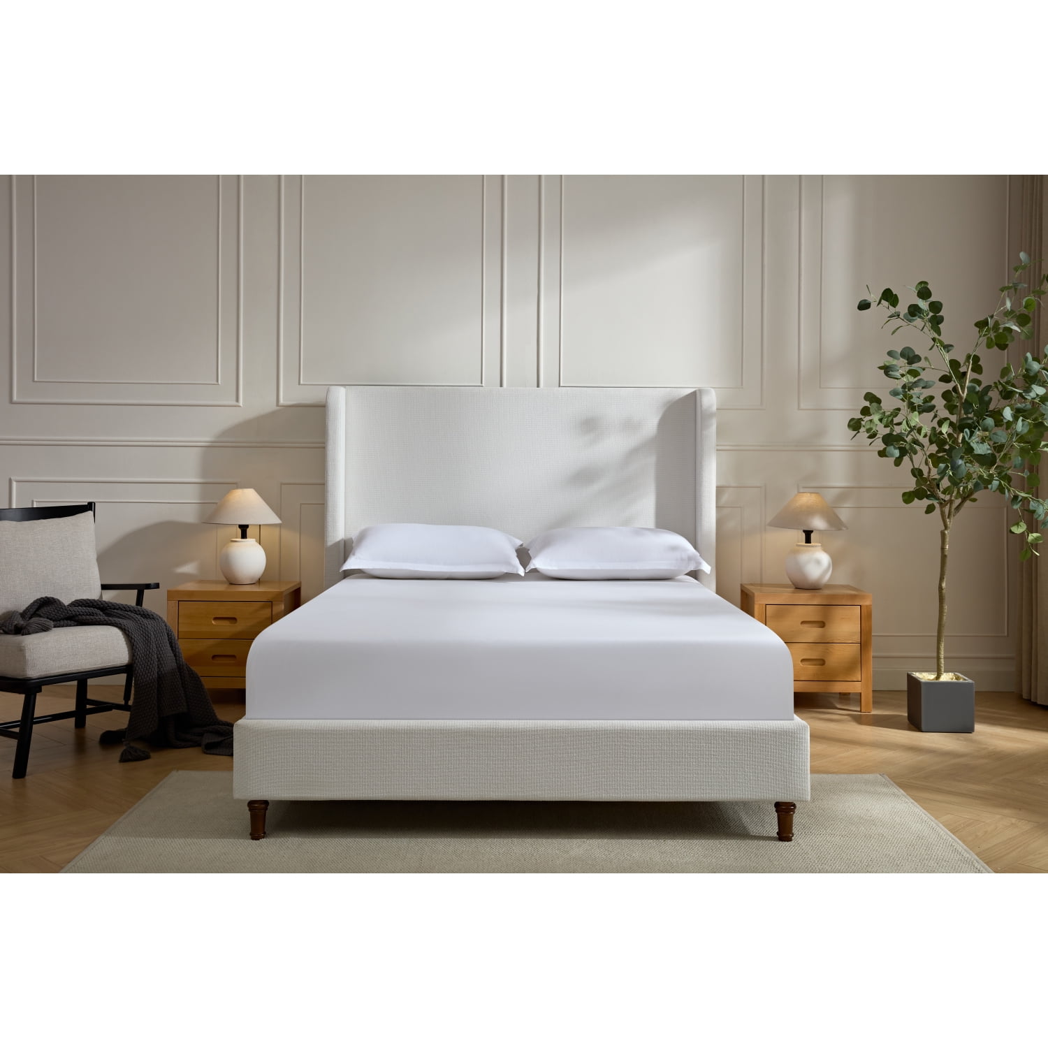 M&ms - Harper Tall Headboard Upholstered Bed / 54" High Headboard / Elegant Simplicity / No Box Spring Needed / Easy Assembly / King / Cream White Chenille