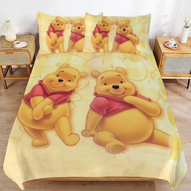 Winnie The Pooh Bed Duvet Cover Microfiber Bedding Sets 3D Printed Lightweight 3 Piece Comforter Sets for Kids Boys Girls