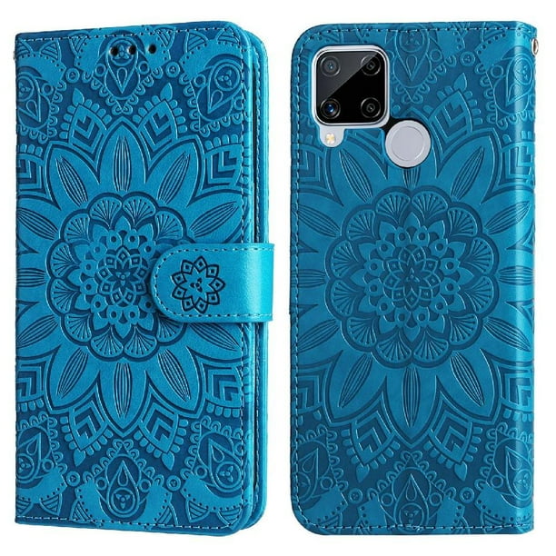 Funda tipo cartera FOXDOCK para Realme C25 , diseño girasol en relieve, cuero PU, cierre magnético, soporte y tarjetero