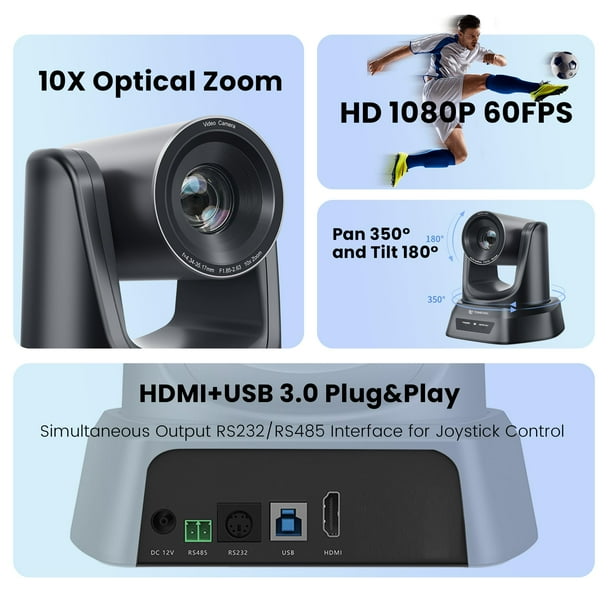 Cámara PTZ Tongveo HDMI USB 10X Zoom óptico 1080P 60fps | Lider