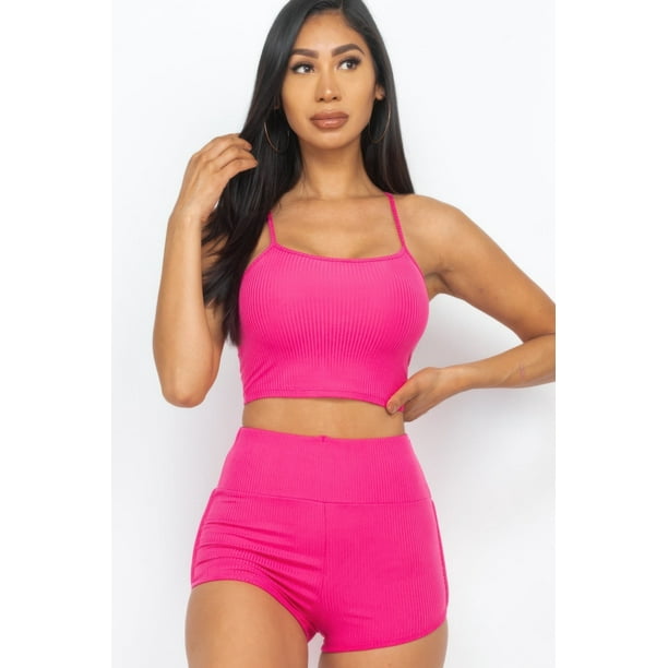 Conjunto De Top Corto De Tirantes Acanalado Y Shorts Fruncidos