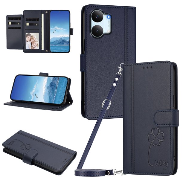 Funda Cartera Trébol para Xiaomi Poco X8 Pro Max con Ranuras Tarjetas y Carga Inalámbrica Azul oscuro